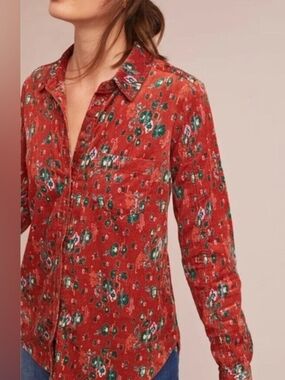Anthropologie Maeve Rust Orange Corduroy Floral Long-Sleeve Button-Down Shirt